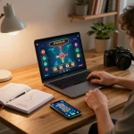 Player using nk88mvp for online casino gaming in a cozy home environment, showcasing strategy notes and betting app