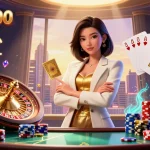 LIGA2000 menampilkan seorang wanita pengusaha Asia yang kuat dalam suasana kasino yang glamor, mewakili energi kemenangan dengan kartu dan mesin slot.