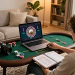 UGDEWA roulette gameplay on a laptop in a cozy home setting near strategic notes and chips
