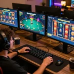 Engaging online gaming scene with kerajaanslot games displayed on multiple screens, depicting relaxed strategy.