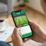 Player engaging with Done55 app, capturing excitement of real-time sports betting in a cozy setting.