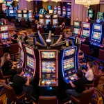 LGOLUX players celebrating wins at vibrant slot machines in luxurious casino.