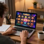 Engaging with IDCASH88 online slots during a tournament at home with strategy notes visible.