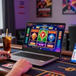 Player enjoying OPEN 88 online gaming on a laptop with vibrant graphics, smartphone showing app, modern gaming room atmosphere.