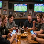 Engaged players using gg88 platform for live sports betting excitement in a lively sports bar