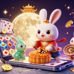 Play zeus slot with a vibrant illustration of a moon rabbit and casino elements celebrating wins.
