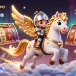 cleaneatingchelsey engages in thrilling slots with a celestial horse and knight, filled with vibrant game elements.
