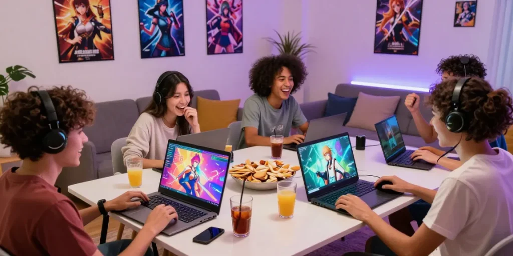 Group of friends enjoying an ecchi game in a vibrant gaming room setting with laptops and colorful game graphics.