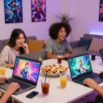 Group of friends enjoying an ecchi game in a vibrant gaming room setting with laptops and colorful game graphics.