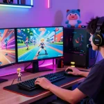 Enthusiastic gamer playing engaging hentai game on multiple monitors with vibrant LED lighting.