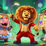 Nohu90 brings luck with 3D cartoon characters and slot machine action in a vibrant casino scene.