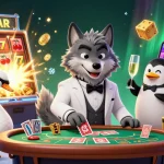 Play exciting selat4d games with a sophisticated wolf, swan, and penguin casino scene.