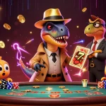 Experience thrilling slot action at xx88 with a cunning velociraptor card counter in a dynamic casino scene.