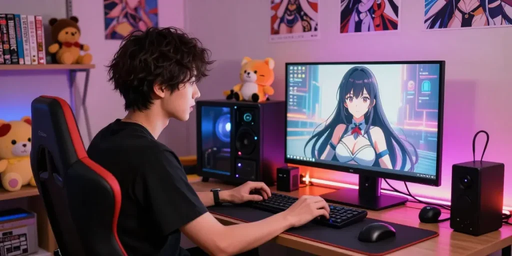 Engaging hentai ai chat scene with a cozy anime-inspired setup, showcasing dynamic character interaction.