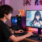 Engaging hentai ai chat scene with a cozy anime-inspired setup, showcasing dynamic character interaction.