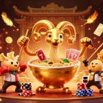 Experience the thrilling action at sun-win with a giant ramen bowl dealer amidst golden gambling excitement!
