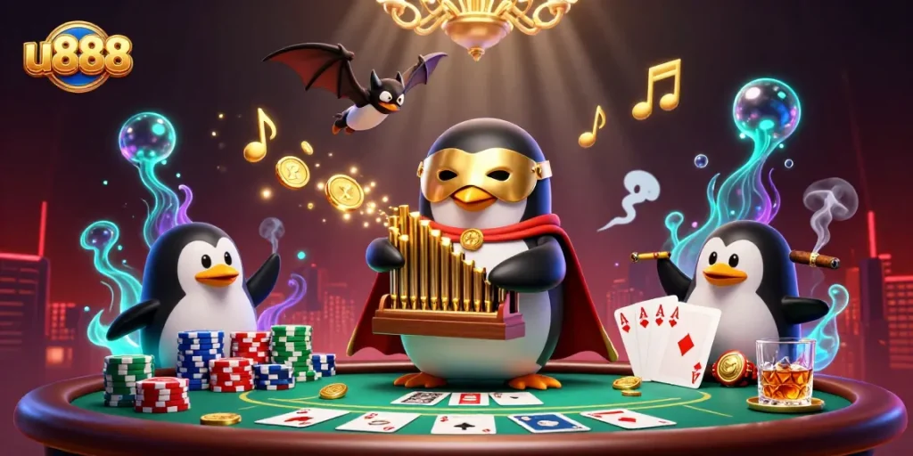 Engage in thrilling gameplay at u888 with a vibrant, illustrated casino scene featuring dynamic characters and elements.