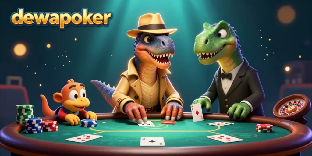 Dewapoker showcases a playful 3D velociraptor at a poker table, capturing the excitement of online gaming with chips and cards.