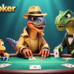Dewapoker showcases a playful 3D velociraptor at a poker table, capturing the excitement of online gaming with chips and cards.
