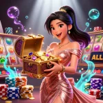 Experience lucky slot bonuses with gleaming treasures and thrilling casino elements in this vibrant scene.