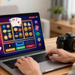 Player enjoying credit card casinos at home with laptop and game graphics.
