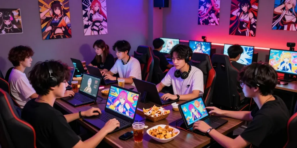 Group enjoying a lively gaming session featuring a popular hentai game with colorful graphics.