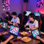 Group enjoying a lively gaming session featuring a popular hentai game with colorful graphics.