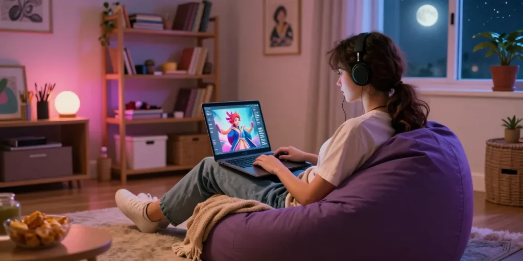 Cozy virtual room for nsfw ai roleplay with user creating custom characters and ambient lighting.