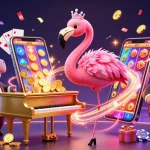 Engage in popotogel's electrifying slot games with a vibrant casino scene featuring a flamingo and hippo.
