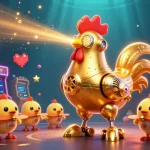 SIN88tgcom showcases vibrant casino elements with a mesmerizing golden rooster robot and dynamic gameplay scenes.
