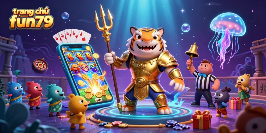 Experience epic gambling at trang chủ fun79 with a tiger shark gladiator in a vibrant underwater casino scene.