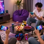 Mobile hentai games showcase with players enjoying diverse characters in a cozy living room.