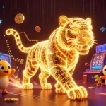 Experience slot gacor with a luminous tiger in a vibrant casino landscape filled with digital elements.