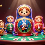 Engaging scene with worldcurrencylist Matryoshka bears showcasing casino dealer outfits, poker table, and vibrant atmosphere