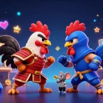 Engage with thrilling feature buy slots as roosters battle in a colorful casino arena.