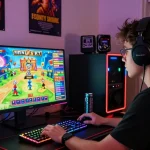 Intense player engaged in buy feature slots at a glowing gaming setup with vibrant graphics.
