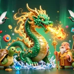 Experience the vibrant F88BET casino with a dynamic dragon, turtle, and lucky cranes.