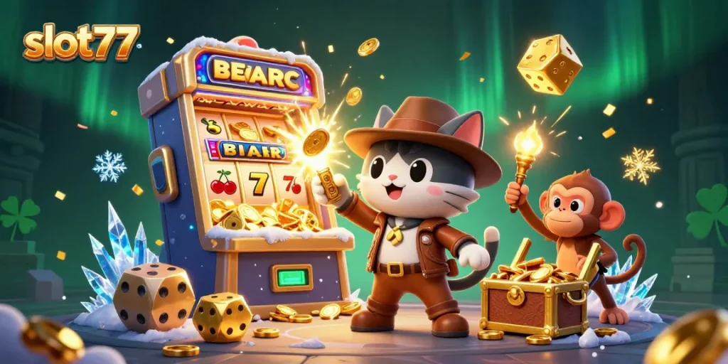 Experience exciting gameplay with slot77 as a cartoon archaeologist cat discovers jackpot treasures.