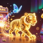 Experience the thrilling energy of 98win with a vibrant casino scene featuring a golden tiger and exciting game elements.