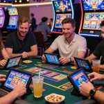 Engaged players enjoying interactive bonus buy slots at an online casino table.