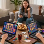 Dynamic scene of friends enjoying the best credit card casinos while playing online games together in a cozy living room.