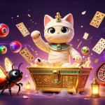 Shimmering display of 텐텐벳 with a cartoon mummy cat and vibrant casino elements.