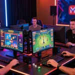 Enthusiastic players enjoying online gaming at Mahajitu, showcasing vibrant graphics and gaming setups.