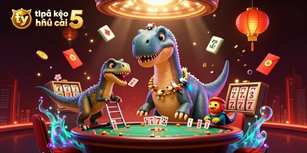 Experience the thrill of tỷ lệ kèo nhà cái 5 surrounded by vibrant casino elements and creatures.