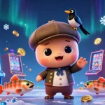 Agen slot menarik dengan simbol buah dan kartu dalam ilustrasi 3D yang penuh warna.