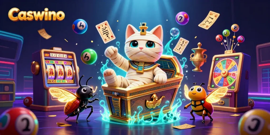 Experience thrilling gaming adventures at Caswino with unique Egyptian-themed characters and engaging elements.