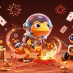 ATAS Casino illustration showcasing a Martian gecko discovering a vibrant casino scene filled with treasures.