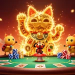 Spin and win on exciting Slots amid a lively scene with golden fireflies and poker elements.