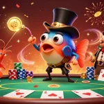Aibet88 showcases a vibrant casino scene with an anglerfish and pirate shrimp, celebrating wins with golden coins.