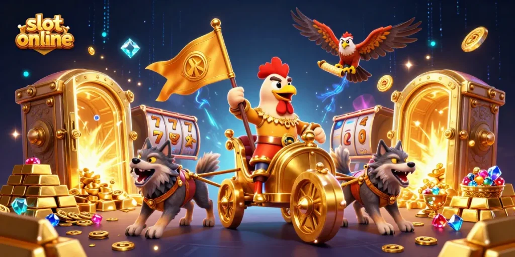 Menghadapi jackpot di slot online dengan aksi heroik, dihiasi tumpukan harta dan efek neon yang menakjubkan.